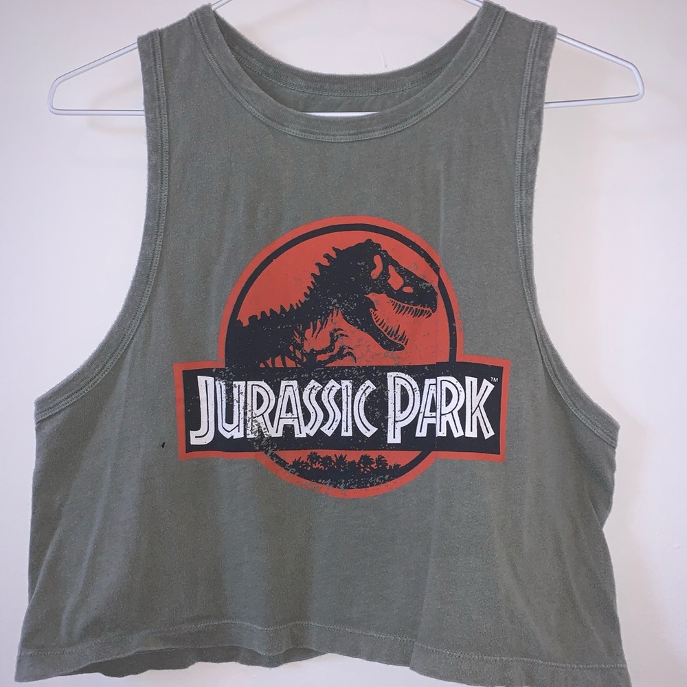 green crop tank top with jurassic park logo.